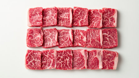 Showcase of fresh wagyu beef cuts featuring exquisite marbling on a white background, perfect for culinary enthusiasts and gourmet dishes. Ideal for food photography.の素材