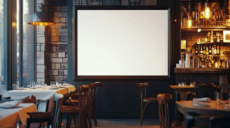 A modern restaurant interior showcasing a stylish dining area with a blank wall, perfect for presentations or displays, complemented by elegant decor and cozy lighting.の素材