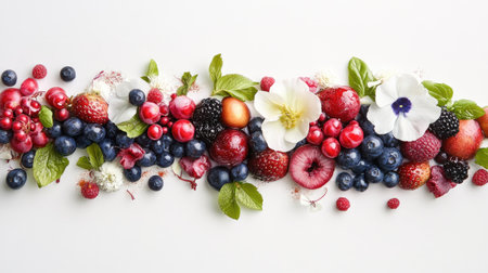 A beautiful arrangement of fresh fruits and flowers on a white surface, showcasing vibrant colors and seasonal produce. Perfect for food-related themes.の素材