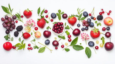 A vibrant assortment of various fruits and leaves displayed on a white background, showcasing the beauty and freshness of nature's bounty in a delightful arrangement.の素材