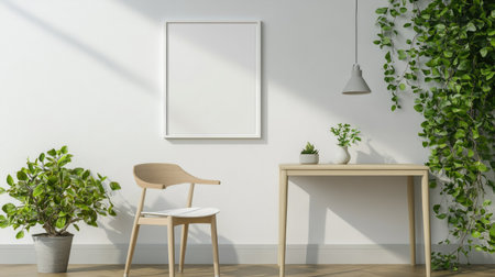 Bright and airy living space featuring a simple wooden chair and table adorned with various plants. A blank frame hangs on the wall, inviting creativity.の素材