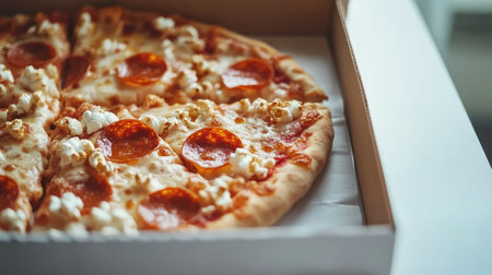 A tempting pepperoni pizza topped with buttery popcorn served in a takeout box. Ideal for sharing during movie nights or casual gatherings. Perfect comfort food!の素材