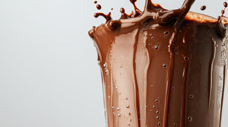A stunning image capturing a rich chocolate drink splashing in a glass, showcasing the glossy texture and playful droplets. Perfect for food and beverage themes.の素材