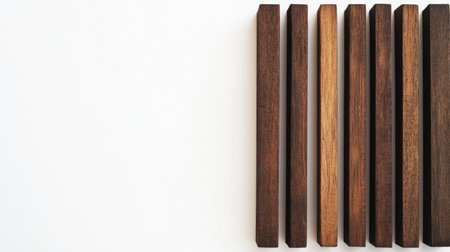 A collection of wooden planks showcasing diverse shades arranged in a linear fashion against a white background, emphasizing natural textures and simplicity.の素材