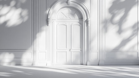 This image showcases an elegant white panelled door in a bright minimalist room. Soft shadows play across the walls, creating a serene atmosphere.の素材