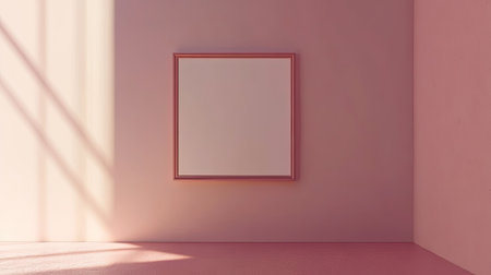 A minimalist interior scene featuring a blank frame in a soft pink room. Natural light creates gentle shadows, enhancing the tranquil and modern ambiance.の素材