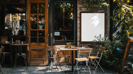 A charming outdoor cafe scene featuring wooden furniture, plants, and an empty signboard inviting patrons to enjoy a meal in the warm sunlight.の素材