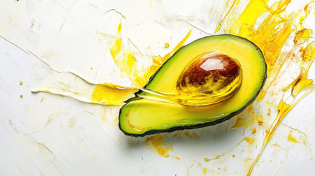 Vibrant avocado half with oil glistening, showcased on a minimalist white background for organic themes.の素材