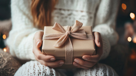 Young woman carefully tying a bow on a gift box, dressed in white and sitting in a cozy festive settingの素材