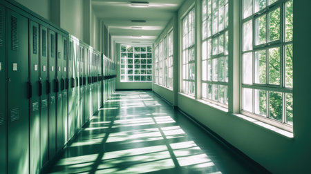 A serene school corridor showcasing green lockers, with sunlight streaming through large windows, creating beautiful shadows and a calming atmosphere.の素材