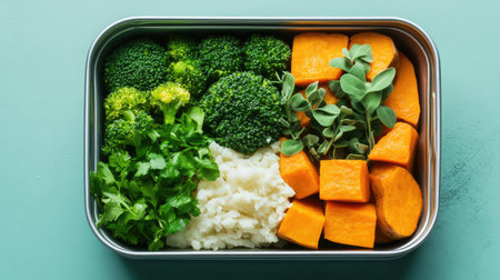 Colorful meal prep with fresh vegetables including broccoli, sweet potato, and mashed potatoes, showcasing healthy eating and vibrant nutrition for a balanced lifestyle.の素材