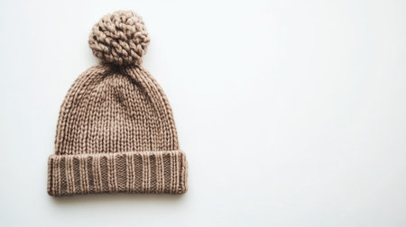 A cozy knitted beanie hat on a clean white background, ample copy space for design or text.の素材
