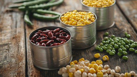 A visually appealing arrangement of various canned legumes and pulses on a rustic wooden table, complemented by fresh green beans, perfect for healthy meal preparation and food styling.の素材