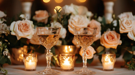 A romantic setting featuring two elegant champagne glasses surrounded by soft-lit candles and delicate rose flowers, perfect for celebrations and intimate gatherings.の素材
