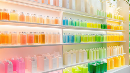 A vibrant array of colorful bottles arranged neatly on shelves, creating a welcoming atmosphere. This captivating display showcases various beauty products.の素材