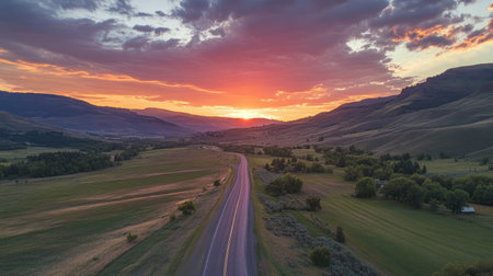 Breathtaking view of a road stretching through a tranquil mountain landscape at sunset, showcasing vibrant colors and serene clouds in the sky.の素材