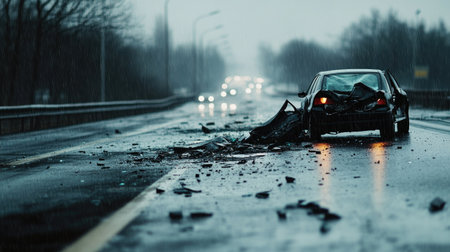 A car crash scene on a rainy highway, with visible damage and empty surroundings, copy space available.の素材