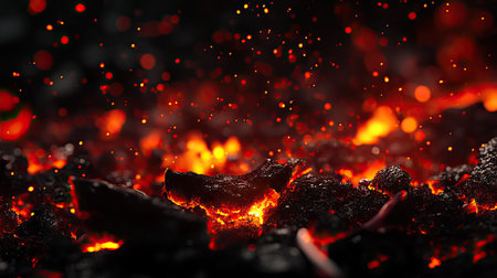A close-up of a flaming barbecue grill, embers glowing brightly, black backdrop providing room for text.の素材