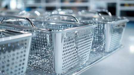 A row of metallic storage baskets gleams on a bright kitchen countertop, highlighting organization and functionality in modern cooking spaces.の素材