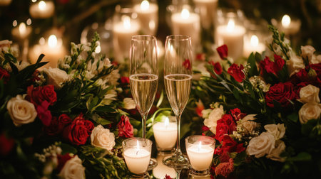 Experience a romantic celebration with champagne glasses amidst glowing candles and beautiful flowers, creating an elegant and intimate atmosphere.の素材