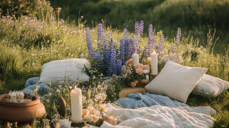 A serene outdoor picnic scene featuring soft blankets, vibrant flowers, and candles, perfect for relaxation and enjoyment in nature's embrace. Enjoy the tranquility.の素材