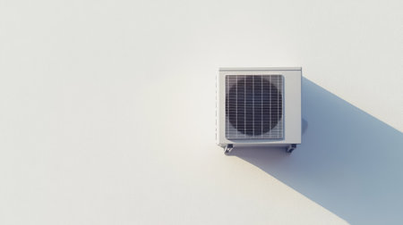 A top view of an air conditioning unit mounted on a white wall, casting a long shadow during sunrise. The image captures modern technology for home comfort.の素材
