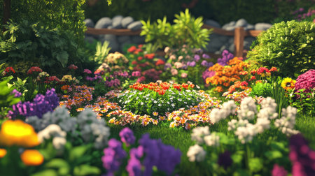 A stunning flower garden filled with vibrant blooms and lush greenery. This garden scene captures the essence of nature's beauty in a peaceful outdoor setting.の素材