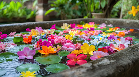 A captivating scene of vibrant flowers floating gracefully on water, creating a stunning visual in a serene garden setting, perfect for relaxation and tranquility.の素材