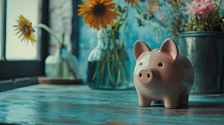 A delightful ceramic piggy bank sits on a rustic table, surrounded by bright sunflowers in glass jars. This charming scene evokes feelings of childhood savings and financial hope.の素材