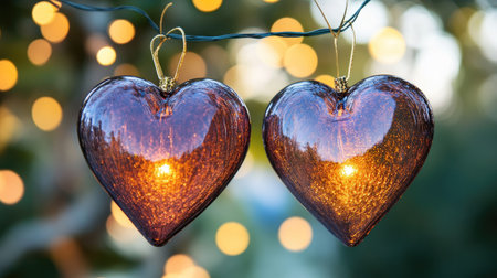 Charming heart-shaped glass ornaments emit a warm glow, enhancing the festive atmosphere with beautiful bokeh lights in the background. Perfect for seasonal decorations.の素材