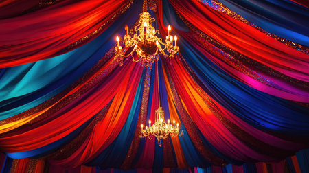A stunning interior featuring vibrant colored drapes and glittering chandeliers. This elegant setting enhances the festive atmosphere and brings joy to any celebration.の素材