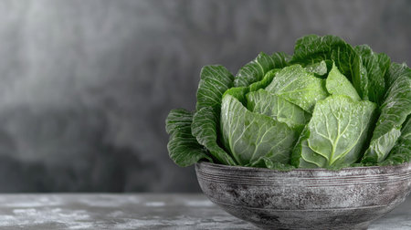 A vibrant green cabbage sits elegantly in a rustic bowl, showcasing its crisp leaves. The blurred background highlights the freshness and organic quality, ideal for food photography.の素材