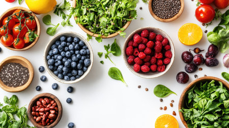 A vibrant display of assorted fresh organic fruits and vegetables arranged creatively on a white background, showcasing health and nutrition for cooking enthusiasts.の素材