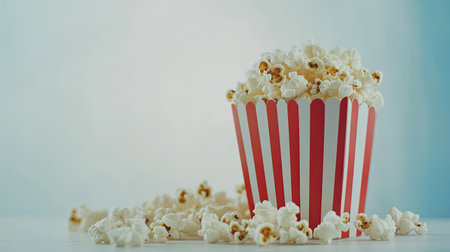 Tasty popcorn spilling from a classic snack box, ready for movie night visuals, on a clean white background.の素材