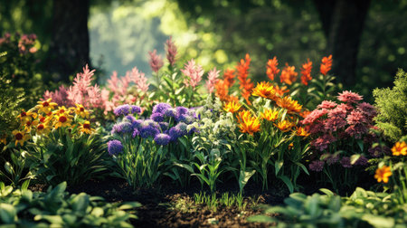 A stunning display of colorful flowers thriving in a serene garden. Soft sunlight filters through lush greenery, creating a picturesque and peaceful atmosphere perfect for relaxation and inspiration.の素材