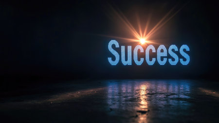 A striking visual of the word "Success" illuminated in vibrant light against a dark setting. This image symbolizes achievement, motivation, and a positive future.の素材