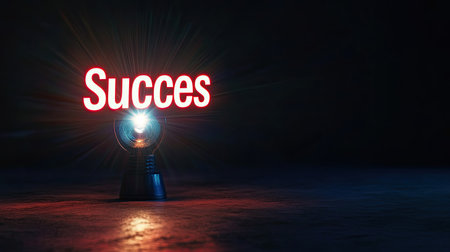 A powerful spotlight shines on the word "Success," symbolizing motivation and achievement in a dark setting, perfect for inspiring creativity and determination.の素材