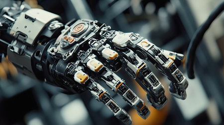 A detailed view of a futuristic robotic hand showcasing advanced mechanical technology and design, emphasizing innovation and precision in automation.の素材