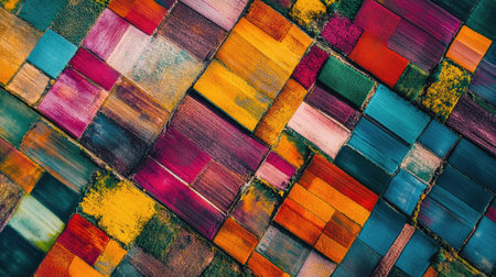 Explore a vibrant abstract composition featuring a variety of colorful painted wooden planks arranged in a captivating pattern, ideal for artistic projects.の素材