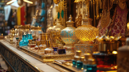Explore a vibrant market scene featuring intricately designed glass perfume bottles illuminated by warm light, showcasing unique beauty and craftsmanship.の素材