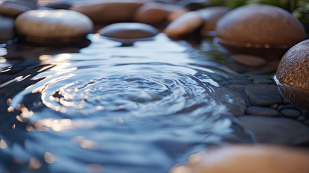 A close-up view capturing gentle ripples on a clear water surface, surrounded by smooth pebbles, evoking a sense of tranquility and natural beauty.の素材