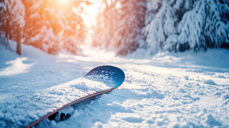 A vibrant snowboard rests on a snow-covered pathway in a winter forest, illuminated by warm sunlight filtering through the trees, creating a serene atmosphere.の素材