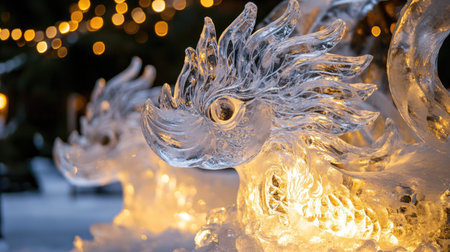 Stunning ice sculptures of dragons shining brightly at a winter festival. The intricate designs and soft light create a magical and enchanting atmosphere.の素材