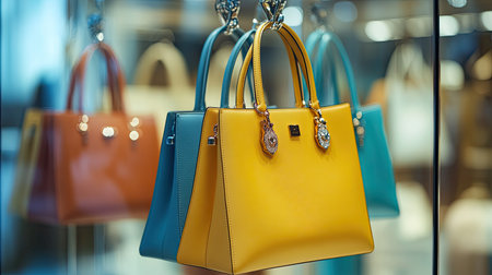 Brightly colored handbags are elegantly displayed in a retail showcase, showcasing modern design and craftsmanship. Perfect for fashion lovers and accessories enthusiasts.の素材