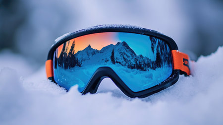 A stunning pair of ski goggles rests on a snow-covered surface, reflecting the breathtaking mountainous scenery around. The vibrant colors capture the essence of winter sports.の素材