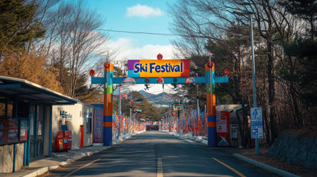 Experience the vibrant entrance to a lively ski festival, showcasing colorful signage against a backdrop of majestic mountains and serene winter scenes.の素材
