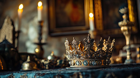 An elegant crown rests on an ornate table, illuminated by soft candlelight. The rich textures and vintage decor create a luxurious and historical ambiance.の素材