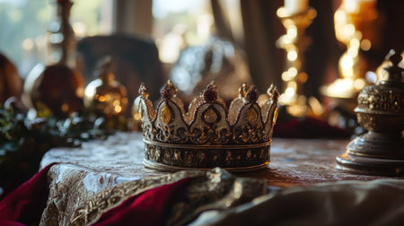 A stunning royal crown rests on an elegant vintage table, surrounded by rich decor and warm light, evoking a sense of luxury and historical significance.の素材