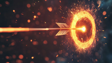 A visually striking image of a fiery arrow piercing a glowing target, with sparks flying. This illustration conveys themes of focus, achievement, and dynamic energy.の素材