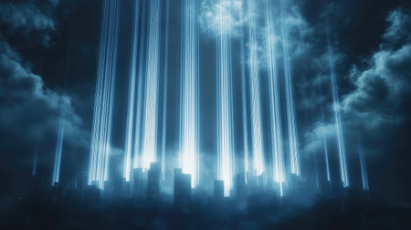 Captivating image showcasing vibrant beams of light piercing through clouds over a city skyline, creating a dramatic and surreal nighttime atmosphere.の素材